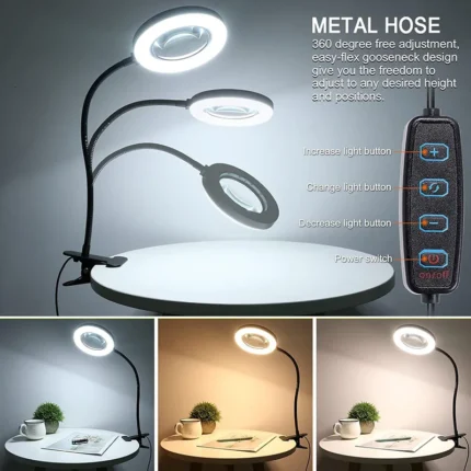 LED magnifying desk lamp with clamp and flexible gooseneck