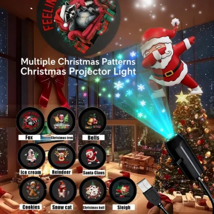 USB projector light with interchangeable slides for holiday and star projections