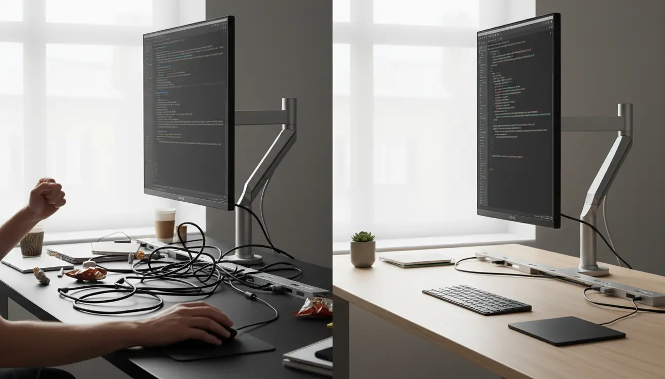 Split-screen showing vertical monitor benefits for coding.