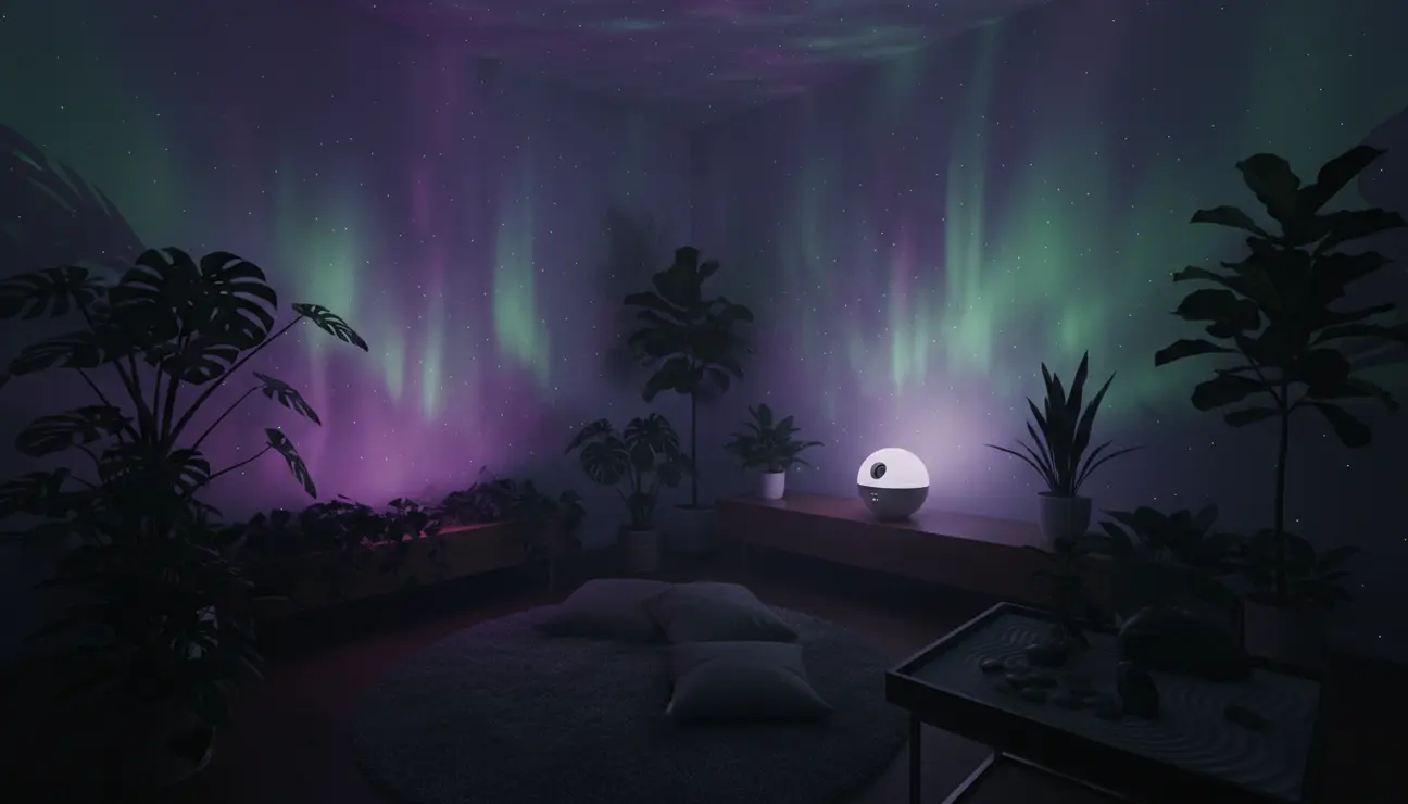 Aurora projector casting violet gradients on a wall.
