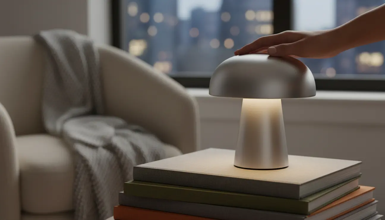 Minimalist cordless portable lamp on a bedside table.