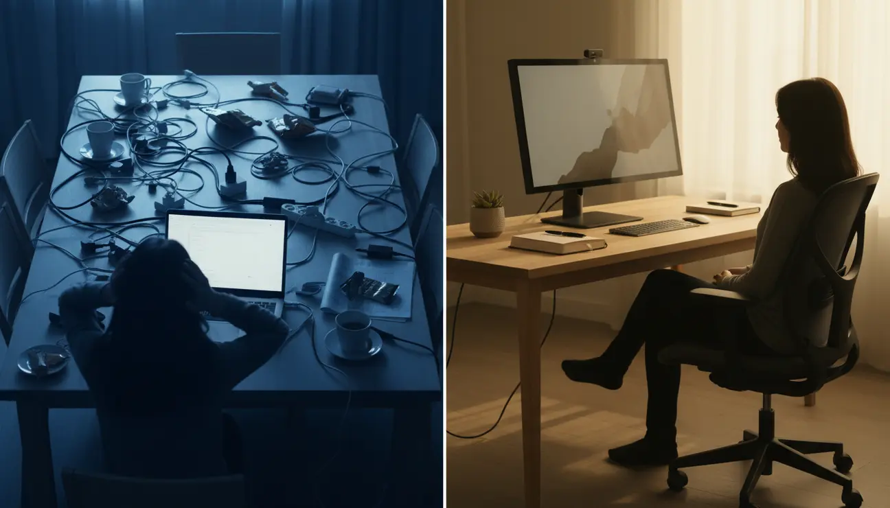 Comparison of poor ergonomics versus a Zen workspace.