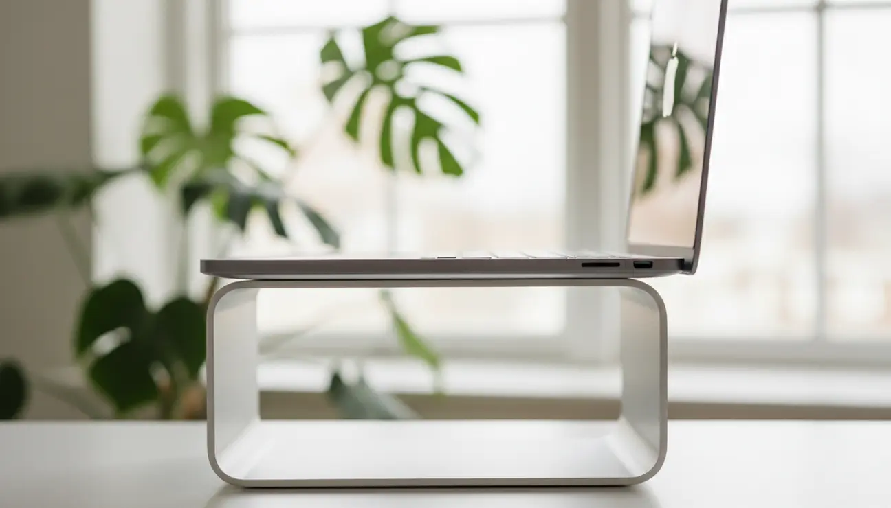 Laptop on an ergonomic stand at eye level.