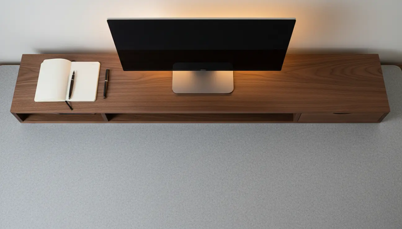 Minimalist wooden desk organizer shelf with monitor.