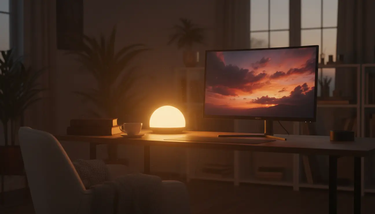 Warm ambient lighting in a dark home office.