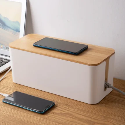 Cable management box with wood lid for desk and home office organization