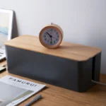 Cable management box with wood lid for desk and home office organization