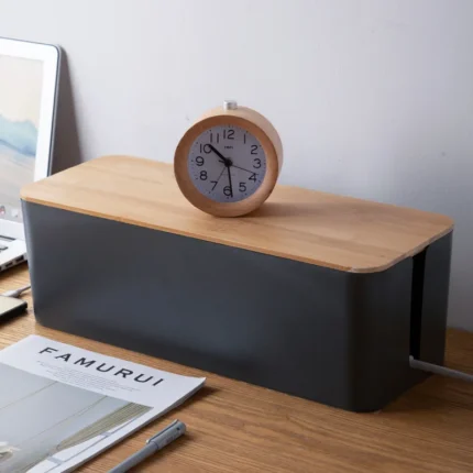 Cable management box with wood lid for desk and home office organization