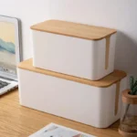 Cable management box with wood lid for desk and home office organization