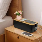 Cable management box with wood lid for desk and home office organization