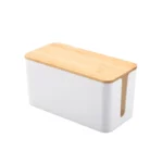 Cable management box with wood lid for desk and home office organization