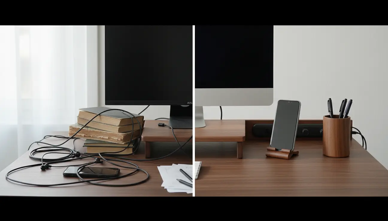 Before and after comparison of wooden desk accessories.