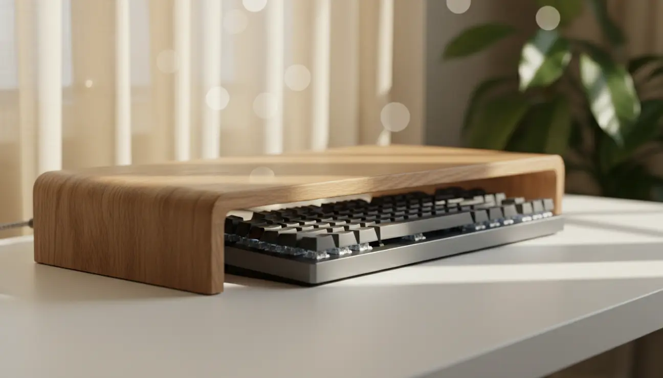 Solid wood monitor riser on a minimalist desk.