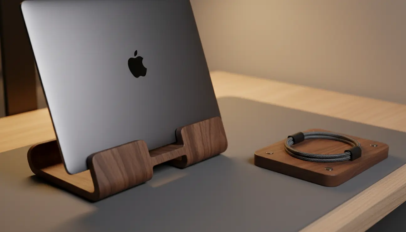 Vertical laptop stand and wooden cable organizer.