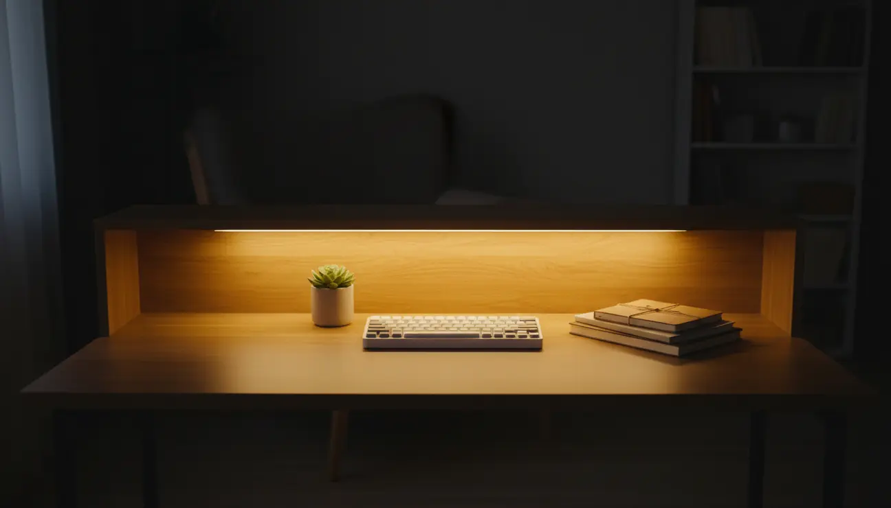 Organized desk shelf with warm under shelf lighting.