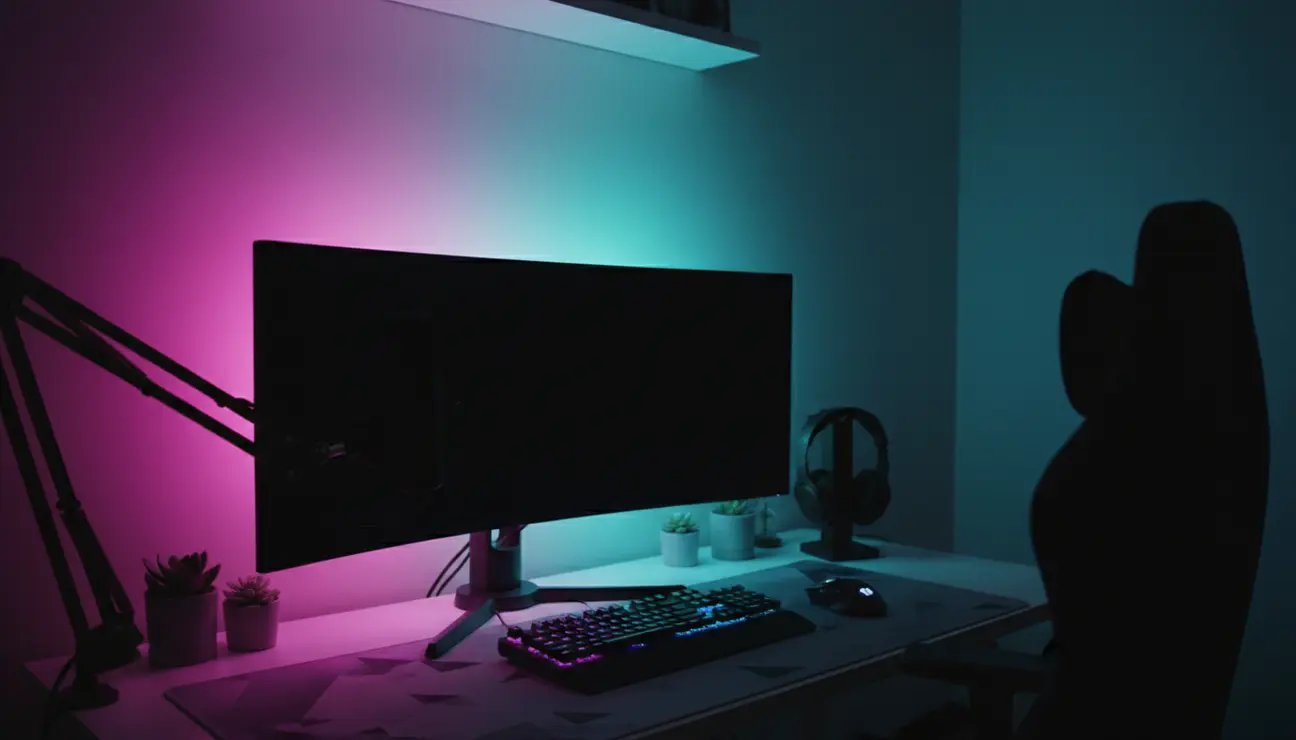 Creator desk setup with colorful RGB under shelf lighting.