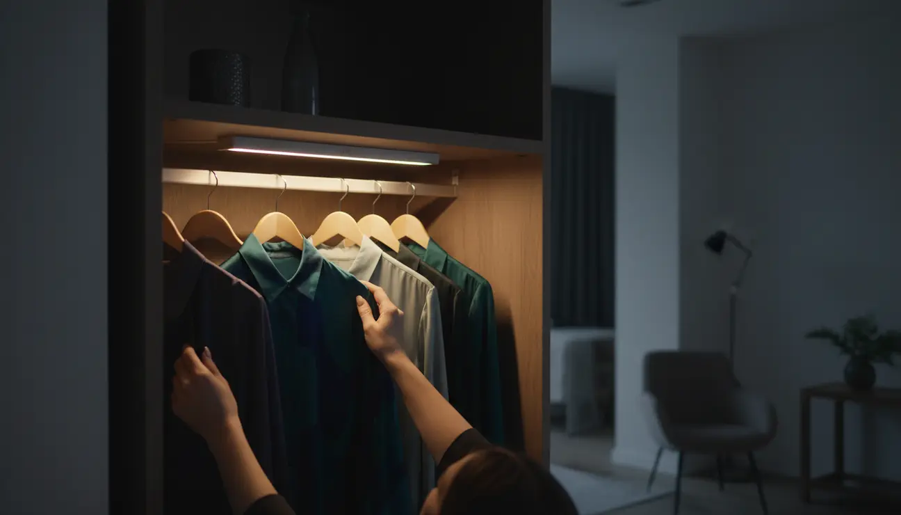 Organized wardrobe with warm LED bar lighting.