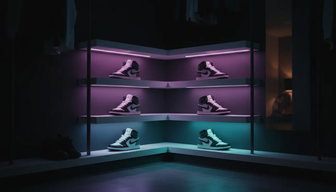 Sneaker collection lit by colourful wardrobe lighting.