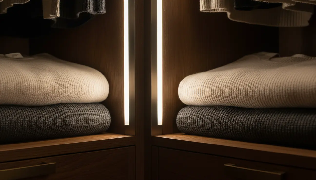 Architectural wardrobe lighting with vertical LED profiles.