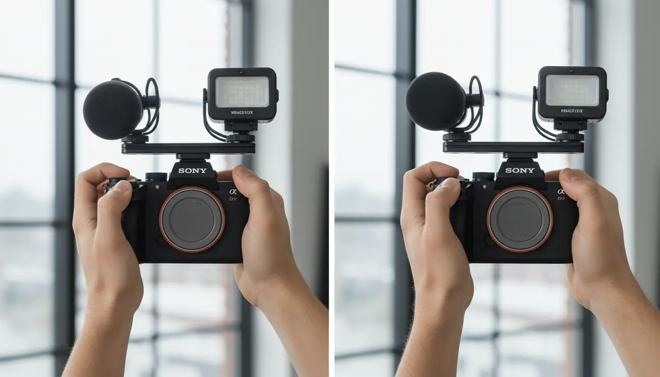 Camera rig before and after cold shoe extension.