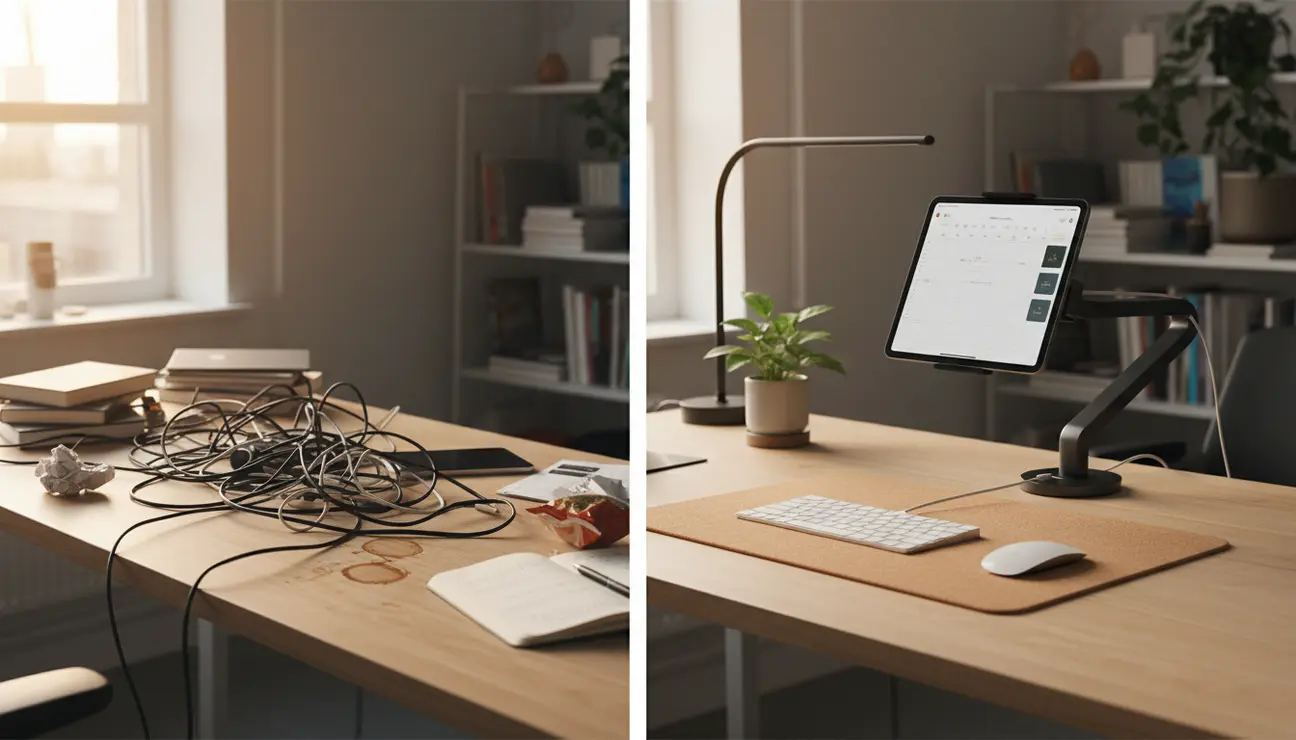 Before and after using iPad desk mount.