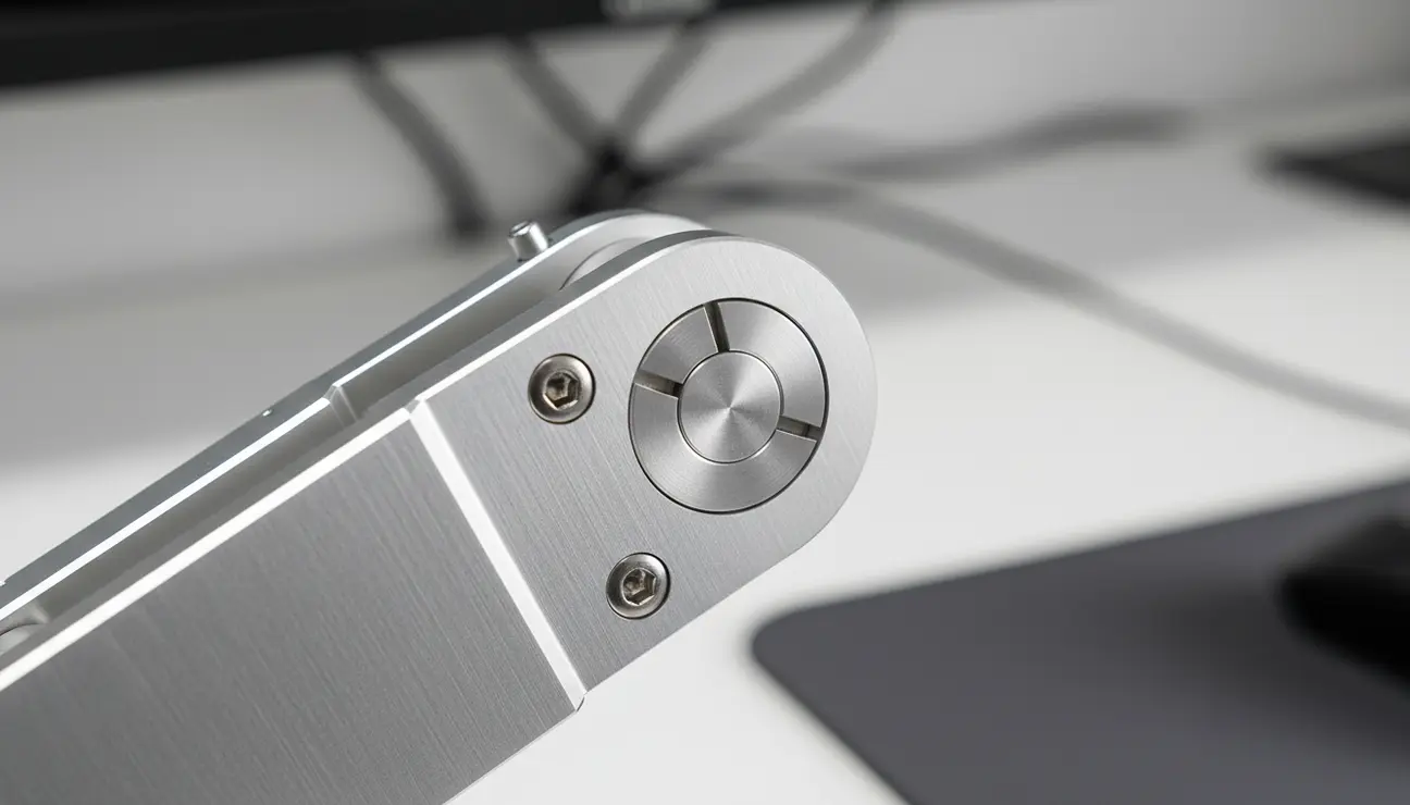 Close-up of industrial iPad desk mount joint.