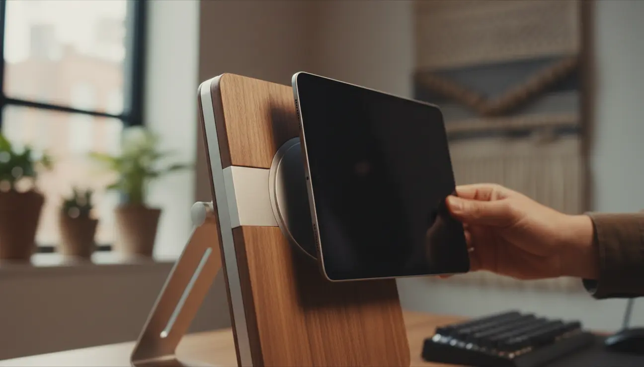 Aesthetic iPad desk mount with wood finish.