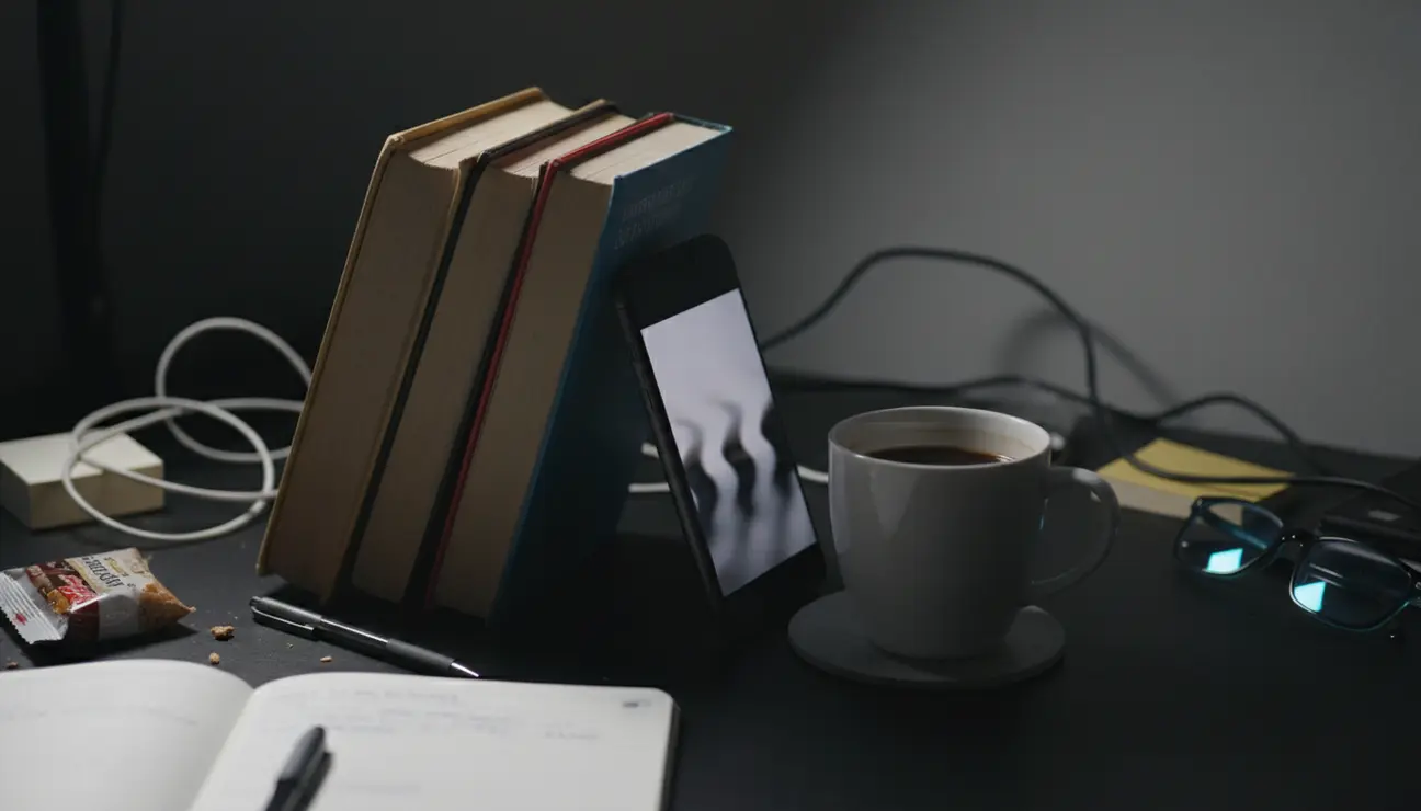 Makeshift smartphone setup with books for filming.