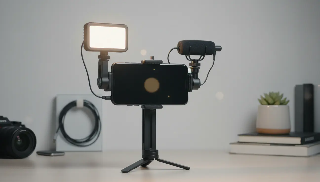 Professional vertical filming rig with light and microphone.