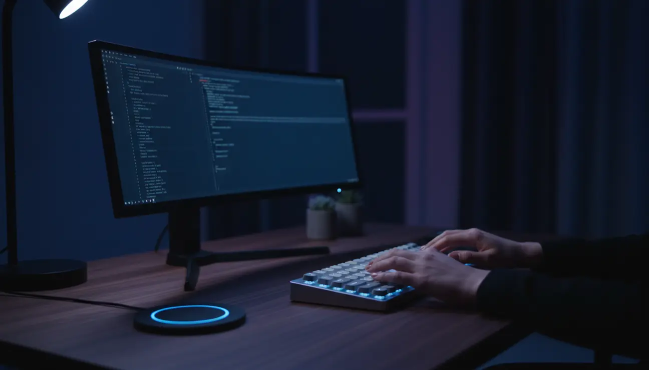 Minimalist desk with cool blue ambient lighting.