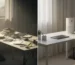 Split view of messy vs clean desk with air purifier.