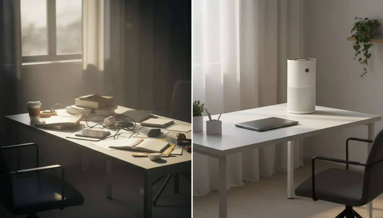 Split view of messy vs clean desk with air purifier.