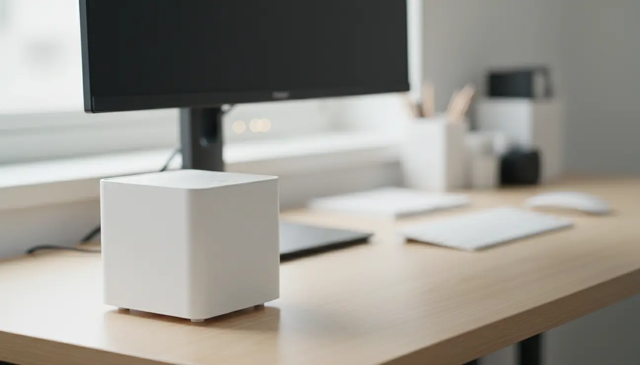 Compact cube desk air purifier on a small desk.