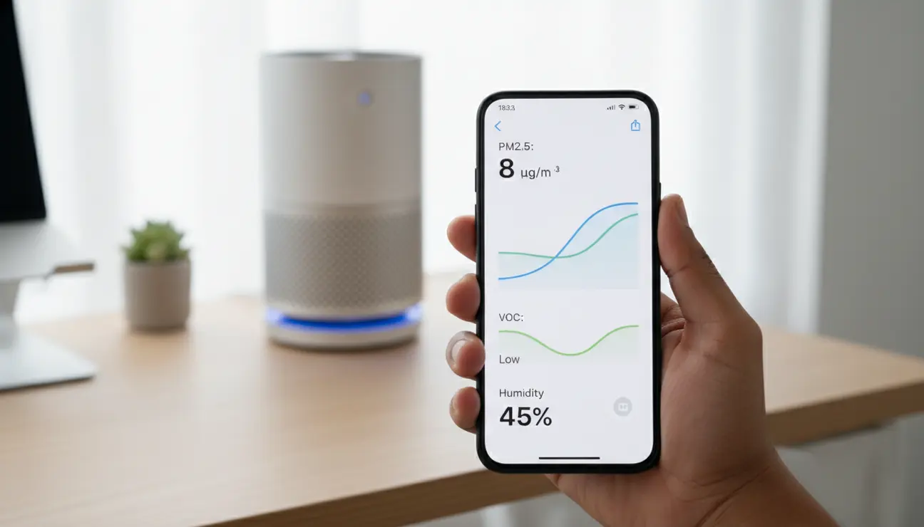 Hand holding phone with air quality app data.