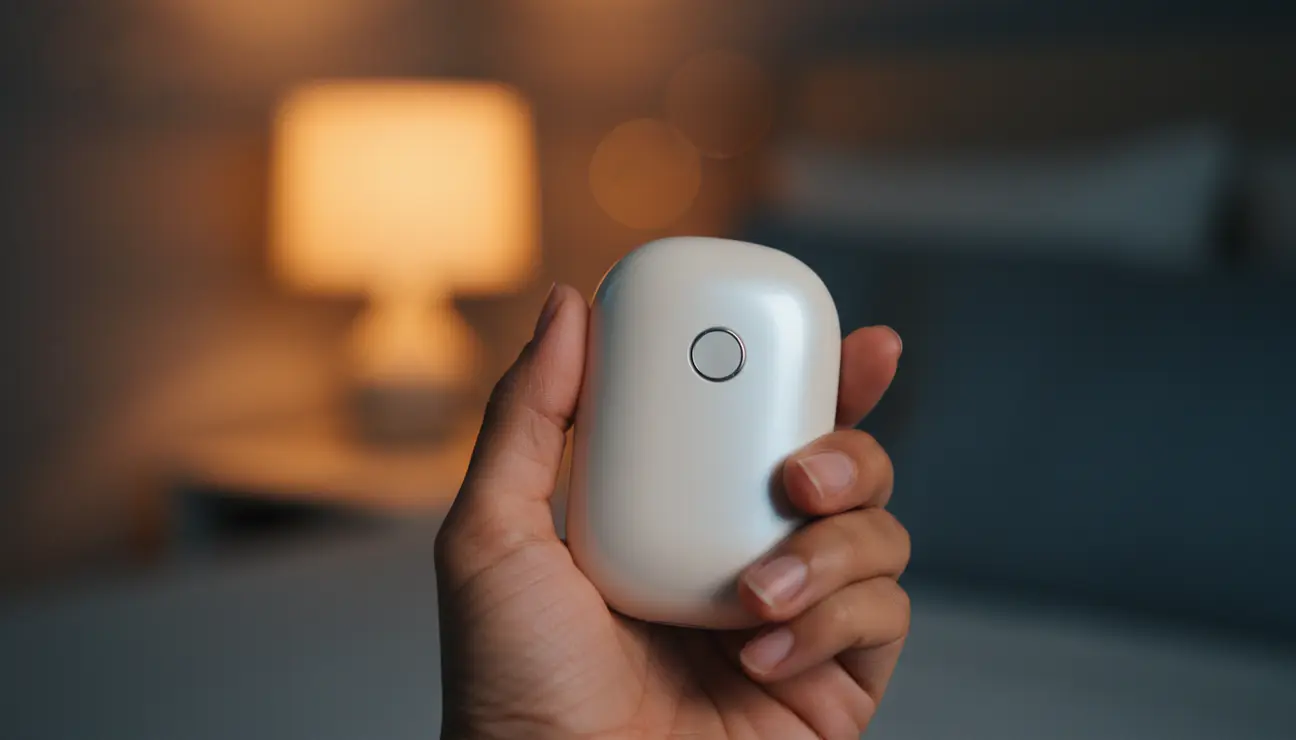 Hand using an Emf protection gadget for sleep.