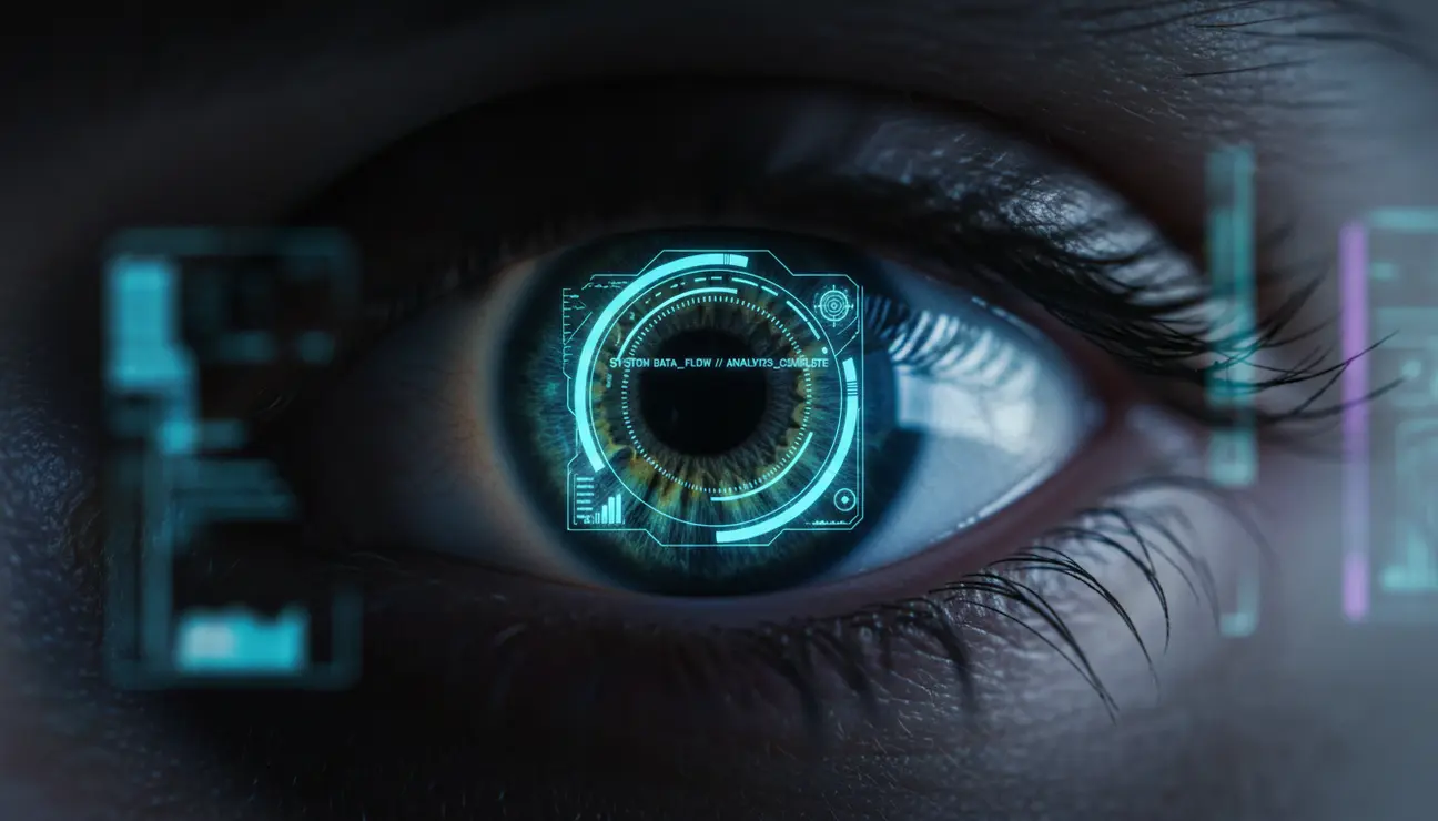 Macro shot of an eye reflecting a computer screen.