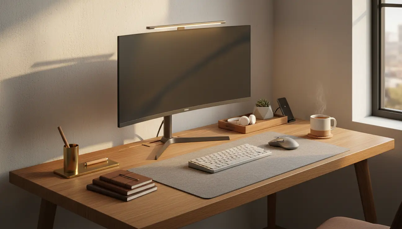 Optimized minimalist desk setup for eye strain relief.