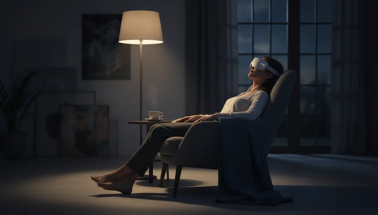 Person relaxing with an eye massager for relief.