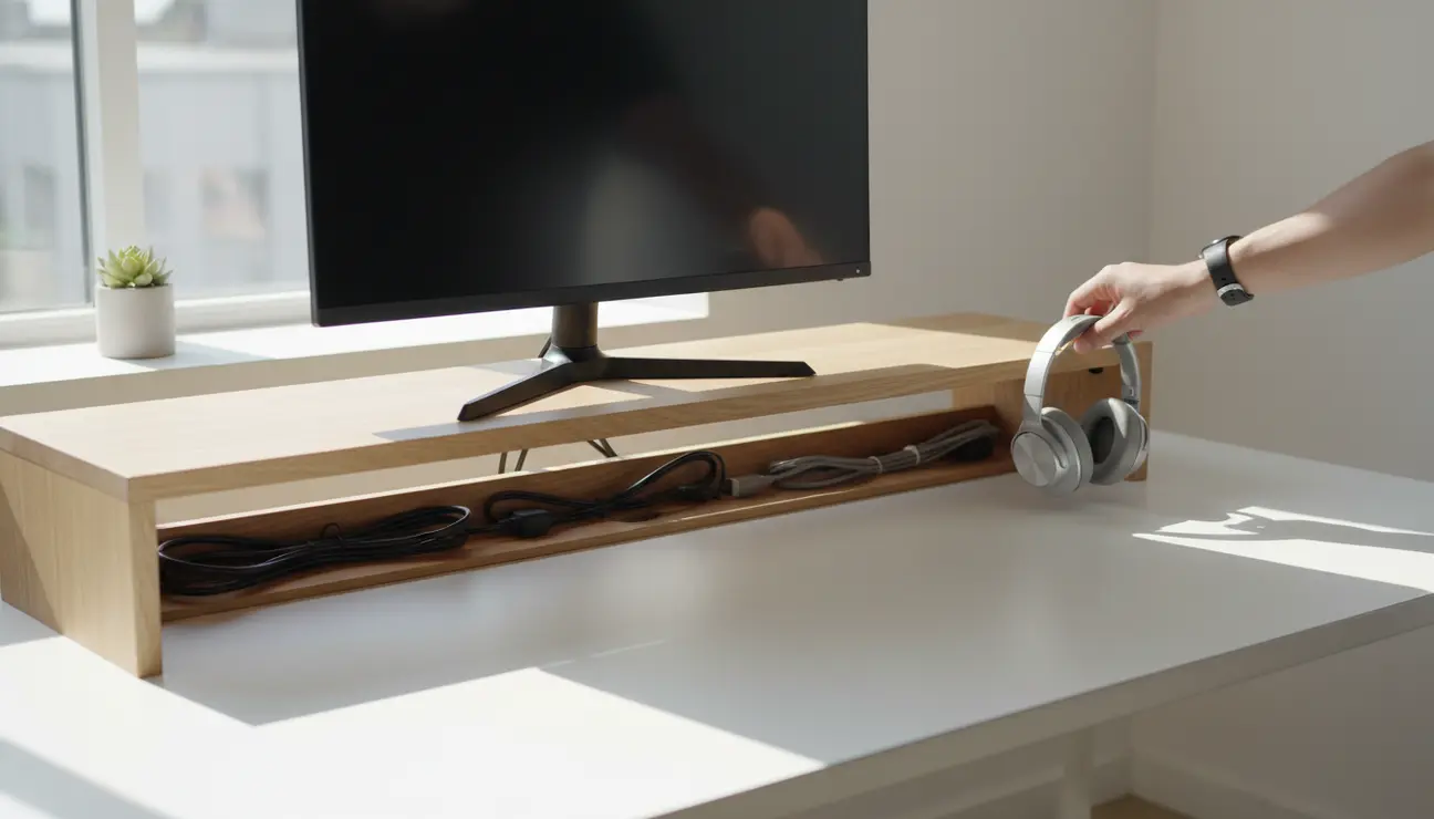 Desk shelf system with headphone storage holder.