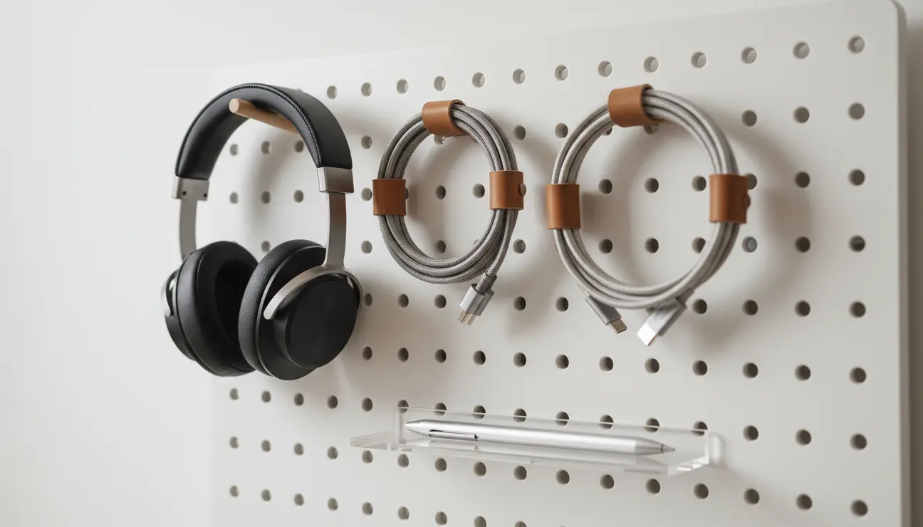 A modular pegboard organiser for headphone storage.