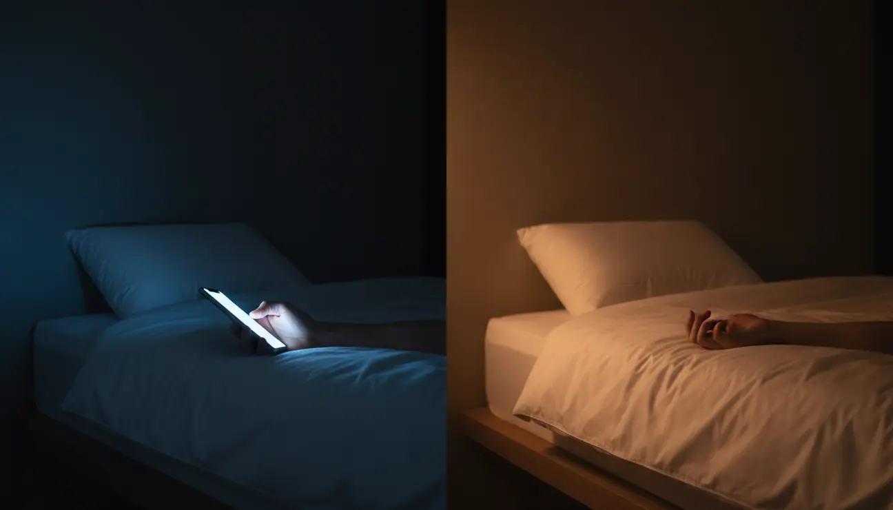 Split-screen showing unhealthy vs healthy tech habits.