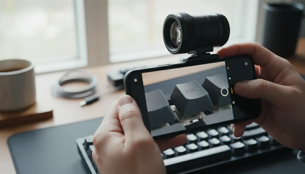 Creator using a macro lens for phone product photography.
