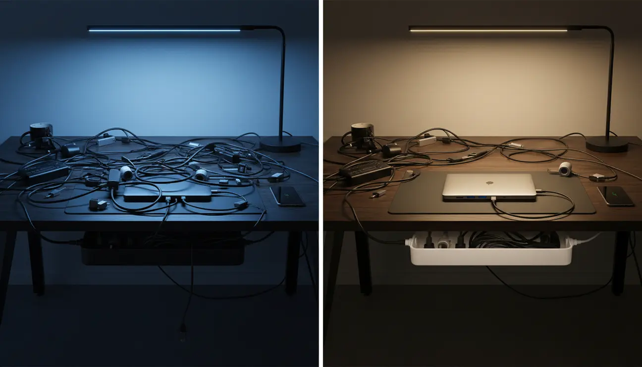 Split-screen view of a desk before and after tech organization.