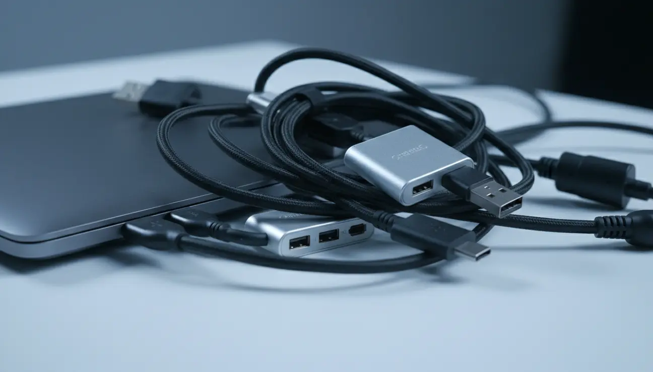 Tangled cables and dongles creating desk clutter.