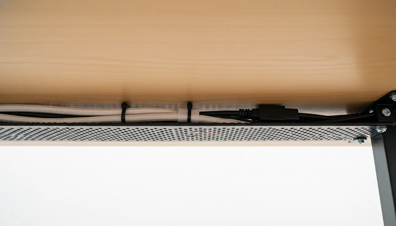 Perfectly managed cables in a tray under a desk.