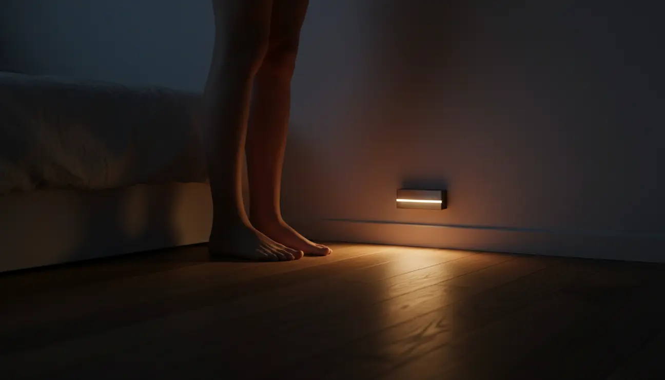 Motion sensor night light casting warm floor glow.