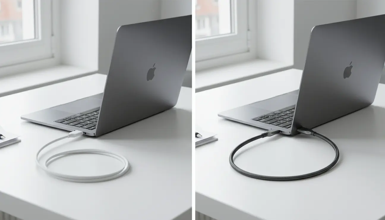 Comparison of standard vs right angle usb c cable.