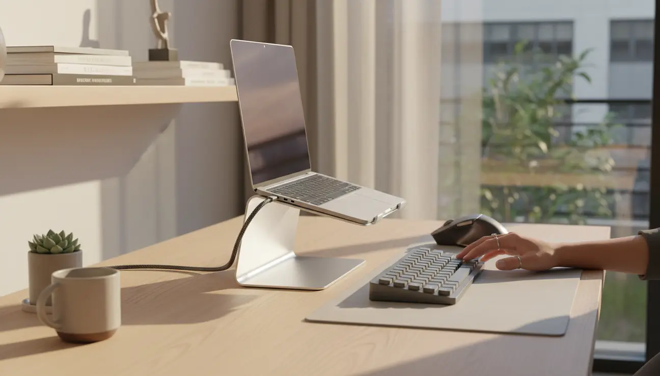 Organized desk with a flush right angle usb c cable.