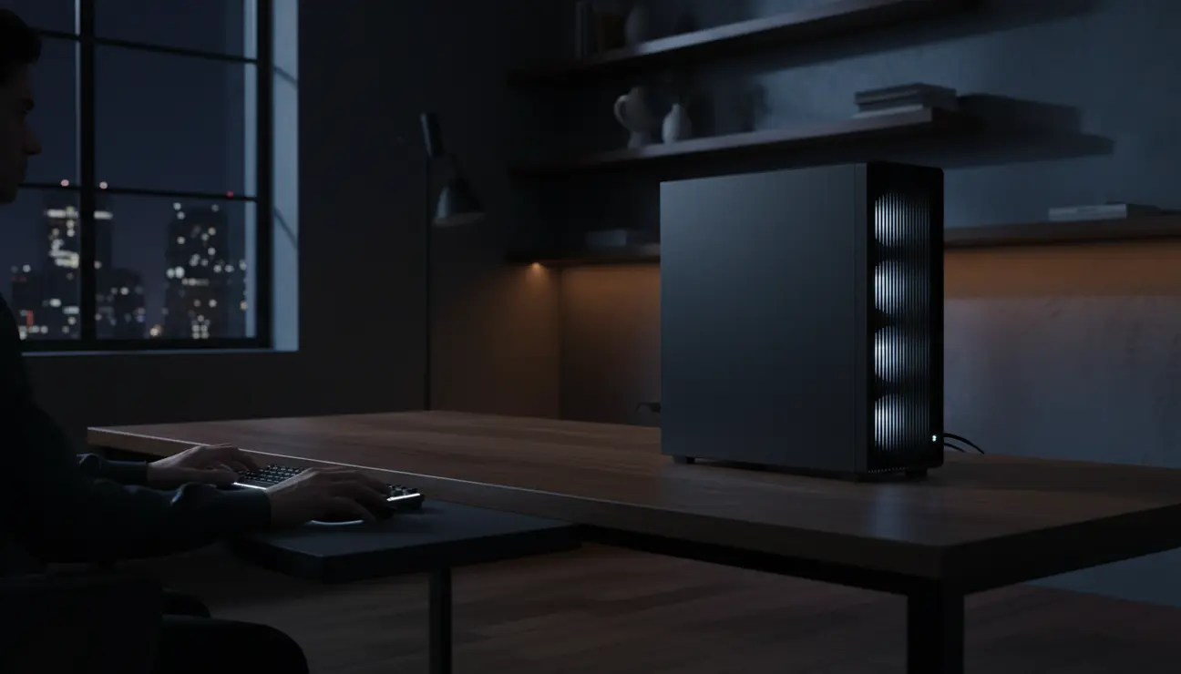 A silent PC cooling setup on minimalist desk.