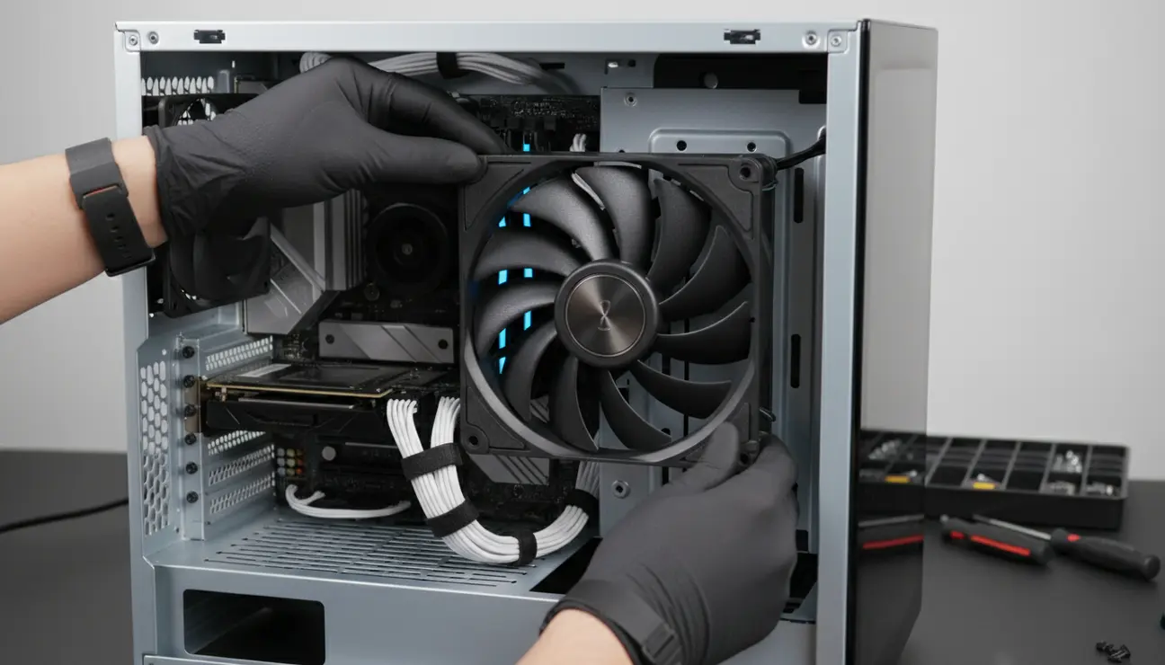 Installing a large silent fan for PC cooling.